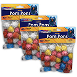 (3 PK) GLITTER POM POMS 1 IN 40 PER